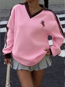 Muchica Sweatshirt Longgar Bordir Kerah Polo Berlapisan Termal Warna Kontras untuk Wanita Musim Gugur/Dingin - Baby Pink - View 6