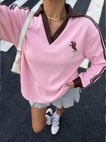 Muchica Sweatshirt Longgar Bordir Kerah Polo Berlapisan Termal Warna Kontras untuk Wanita Musim Gugur/Dingin - Baby Pink - View 3