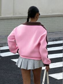 Muchica Sweatshirt Longgar Bordir Kerah Polo Berlapisan Termal Warna Kontras untuk Wanita Musim Gugur/Dingin - Baby Pink - View 2