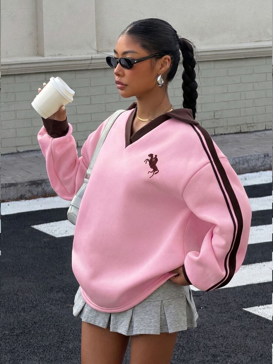 Muchica Sweatshirt Longgar Bordir Kerah Polo Berlapisan Termal Warna Kontras untuk Wanita Musim Gugur/Dingin - Baby Pink - View 1