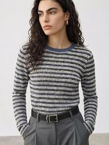 Dazy-Less Autumn Blue Striped Color Block Casual Commuter Streetwear Long Sleeve Women's T-Shirt - Black - View 4
