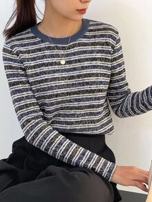 Dazy-Less Autumn Blue Striped Color Block Casual Commuter Streetwear Long Sleeve Women's T-Shirt - Black - View 7