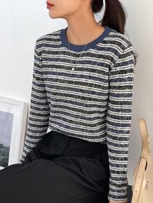 Dazy-Less Autumn Blue Striped Color Block Casual Commuter Streetwear Long Sleeve Women's T-Shirt - Black - View 6