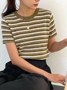 DAZY Women's Striped Round Neck Short Sleeve Casual Versatile T-Shirt - Olive Green - View 3