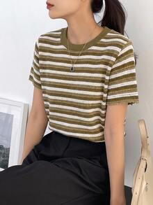 DAZY Women's Striped Round Neck Short Sleeve Casual Versatile T-Shirt - Olive Green - View 4