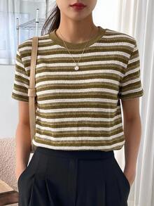 DAZY Women's Striped Round Neck Short Sleeve Casual Versatile T-Shirt - Olive Green - View 1