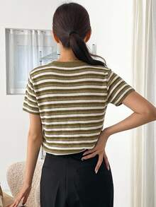 DAZY Women's Striped Round Neck Short Sleeve Casual Versatile T-Shirt - Olive Green - View 2
