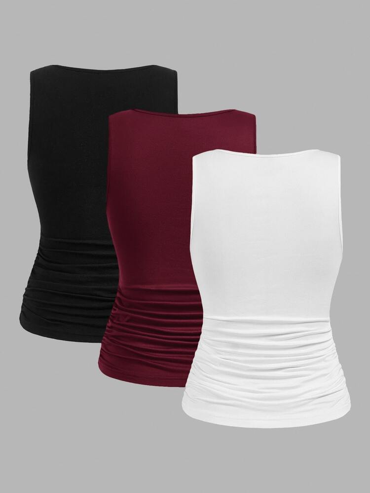 SHEIN LUNE 3pcs Solid Color White Black Burgundy Crew Neck Tight Fit Camisole Tops, Versatile For Summer Outings, Layering,Casual Daytime Everyday - Multicolor - View 11
