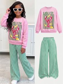 SHEIN 兒童青少年女孩時尚秋季蝦子印花柔軟圓領長袖套頭運動衫 + 綠色條紋鬆緊腰長褲 2件套 返校節慶穿搭 萬聖節冬季 - 粉色 - 查看 7
