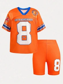 SHEIN 少女休闲街头时尚橙色数字印花拼接宽松V领短袖T恤和修身骑行短裤两件套 - 橘色 - 查看 3