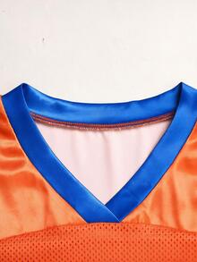 SHEIN 少女休闲街头时尚橙色数字印花拼接宽松V领短袖T恤和修身骑行短裤两件套 - 橘色 - 查看 4