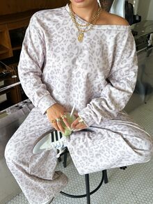 Muchica 大尺碼女款針織秋冬白色豹紋不對稱領休閒可愛運動衛衣套裝，含口袋長褲，適合辦公正式場合 - 彩色 - 查看 6
