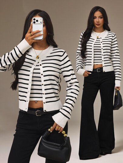 SHEIN PETITE Conjunto de 2 piezas de top de cuello redondo con bloques de color y cárdigan de manga larga de punto casual para uso diario para mujer