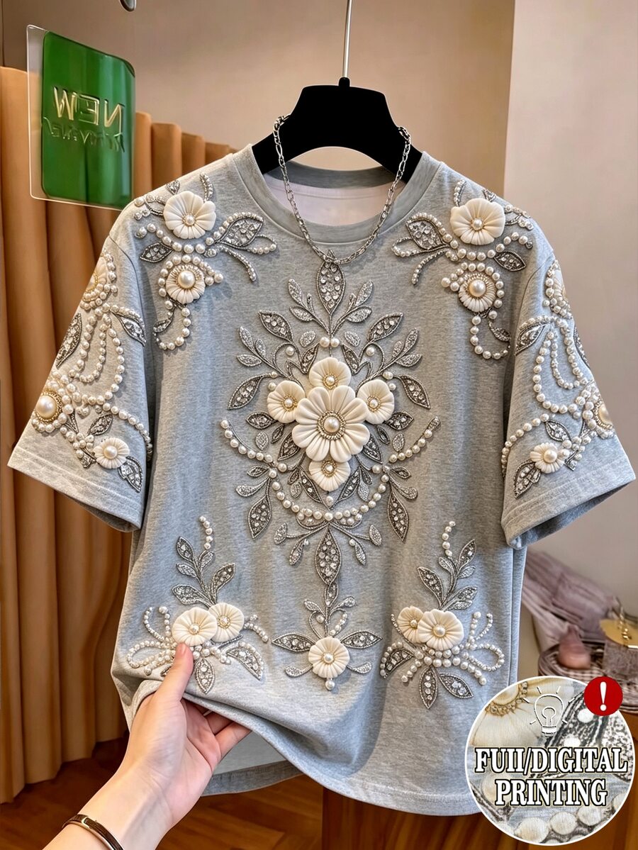 Resyla 大码女式圆领仿珍珠3D花卉装饰休闲百搭日常穿T恤 - 深灰色 - 查看 1