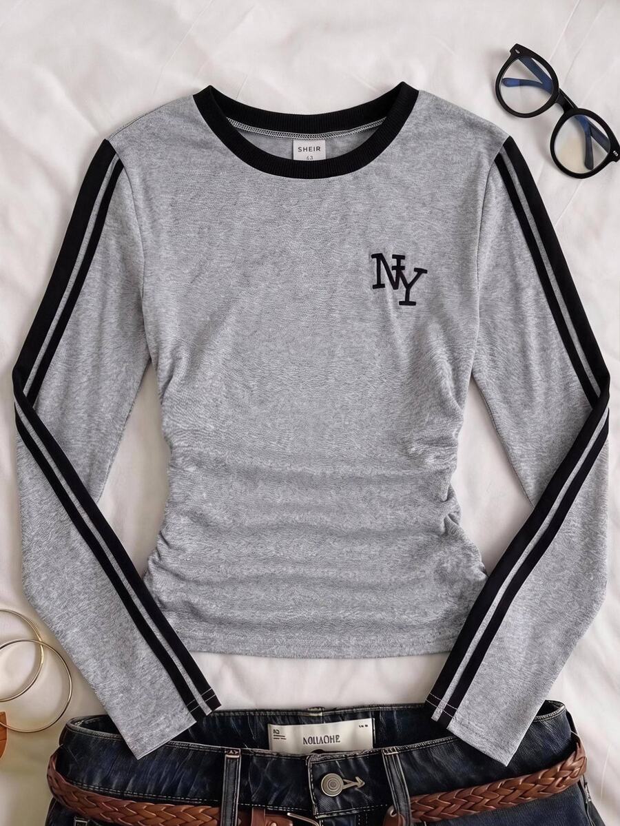 SHEIN Tween Girls Tween Girl Casual T-Shirt Color Block Design With New York Print Pattern For Everyday Wear - Grey - View 1