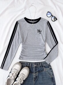 SHEIN Tween Girls Tween Girl Casual T-Shirt Color Block Design With New York Print Pattern For Everyday Wear - Grey - View 8