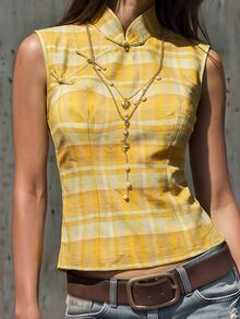 SuriyaCove Vintage Y2k 90s Plaid Stand Collar Frog Button Cinched Waist Sleeveless Cheongsam Top Women Going Out White And Yellow Summer - Yellow - View 4