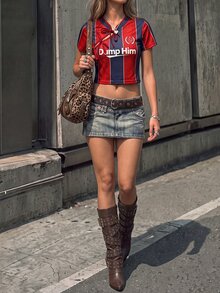 SuriyaCove 女士条纹字母印花撞色系带短袖T恤 - 彩色 - 查看 4