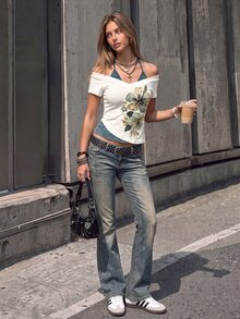 SuriyaCove Women's Floral Print 2 In 1 Short Sleeve Halter Neck T-Shirt - Multicolor - View 5