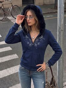 SuriyaCove Y2K 女款數位印花連帽修身毛領運動衫外套 - 彩色 - 查看 4