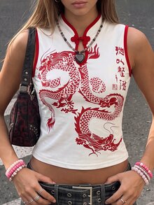 SuriyaCove Chaleco decorado con cuello abierto y estampado de dragón de estilo chino para mujer, nuevo para el verano - Multicolor - Ver 4