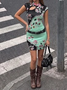 SuriyaCove Gaun pas badan bergaya Cheongsam tahun 2000-an yang elegan ini cocok untuk acara kasual, pesta, dan banyak lagi. - MultiWarna - View 4