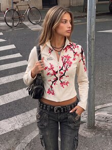 SuriyaCove Women's Y2K Style Apricot Sakura Slogan Print Velvet Thin Jacket,Fashion Casual Slim Fit Long Sleeve Coat,Pink White,Autumn,Elegant,Holiday,Gift - Multicolor - View 5