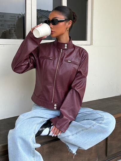 Muchica Women's Autumn/Winter Burgundy PU Leather Zipper Casual Versatile Long Sleeve Jacket For Going Out, Streetwear, Y2K