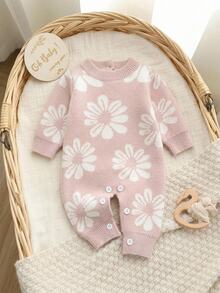 SHEIN Baby Girl Knit Sweater Jumpsuit With Floral Jacquard Long Sleeve, Suitable For Matching With Padded Coat, Autumn/Winter - Pink - View 9