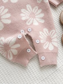 SHEIN Baby Girl Knit Sweater Jumpsuit With Floral Jacquard Long Sleeve, Suitable For Matching With Padded Coat, Autumn/Winter - Pink - View 6