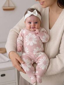 SHEIN Baby Girl Knit Sweater Jumpsuit With Floral Jacquard Long Sleeve, Suitable For Matching With Padded Coat, Autumn/Winter - Pink - View 2