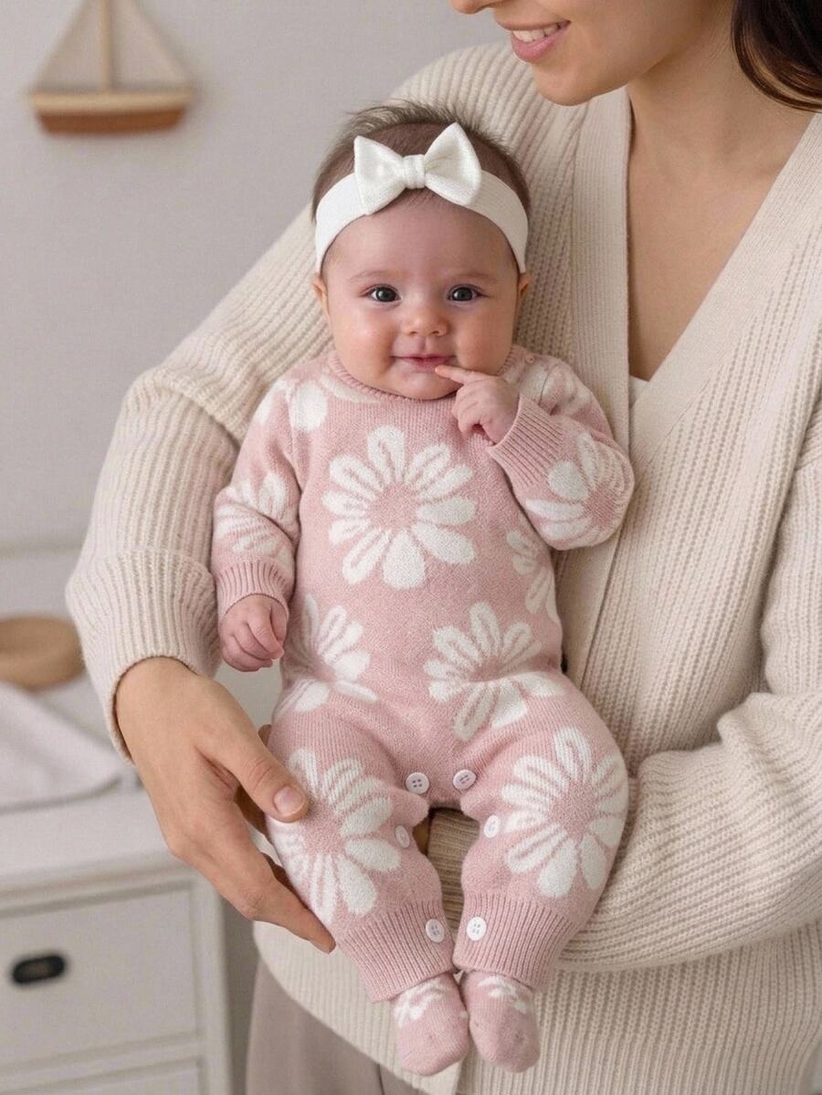 SHEIN Baby Girl Knit Sweater Jumpsuit With Floral Jacquard Long Sleeve, Suitable For Matching With Padded Coat, Autumn/Winter