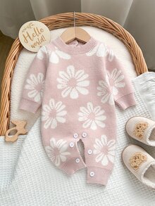 SHEIN Baby Girl Knit Sweater Jumpsuit With Floral Jacquard Long Sleeve, Suitable For Matching With Padded Coat, Autumn/Winter - Pink - View 7