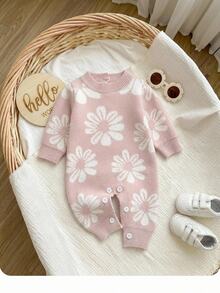 SHEIN Baby Girl Knit Sweater Jumpsuit With Floral Jacquard Long Sleeve, Suitable For Matching With Padded Coat, Autumn/Winter - Pink - View 8