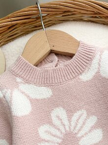 SHEIN Baby Girl Knit Sweater Jumpsuit With Floral Jacquard Long Sleeve, Suitable For Matching With Padded Coat, Autumn/Winter - Pink - View 5