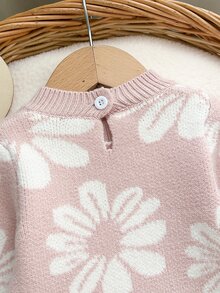 SHEIN Baby Girl Knit Sweater Jumpsuit With Floral Jacquard Long Sleeve, Suitable For Matching With Padded Coat, Autumn/Winter - Pink - View 4