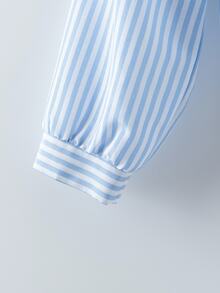 Franclia Elegant French Style Striped Collared Long Sleeve Tie-Front Blouse For Women, New Autumn - Blue - View 6