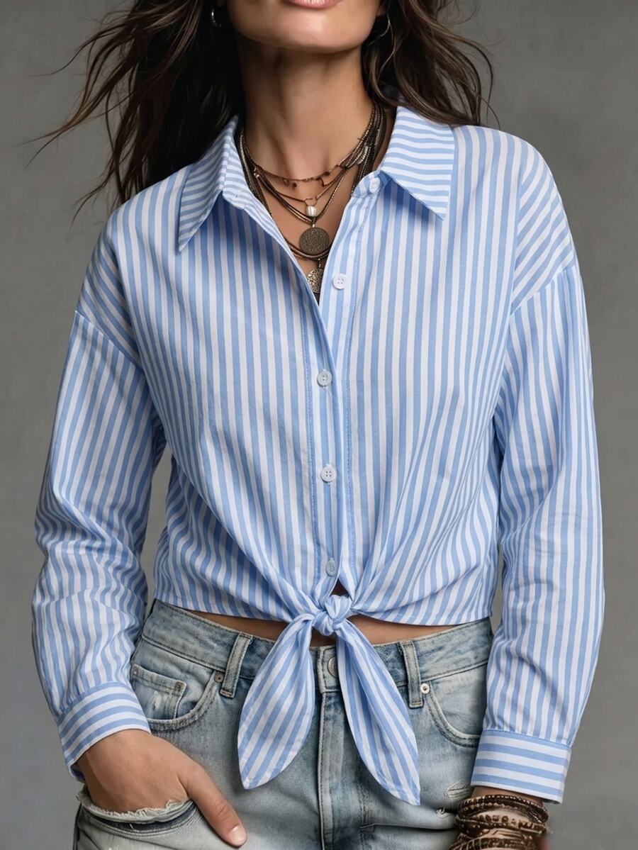Franclia Elegant French Style Striped Collared Long Sleeve Tie-Front Blouse For Women, New Autumn - Blue - View 1