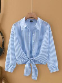 Franclia Elegant French Style Striped Collared Long Sleeve Tie-Front Blouse For Women, New Autumn - Blue - View 3