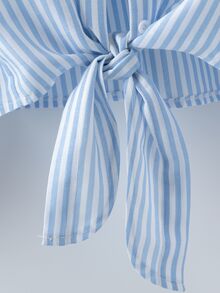 Franclia Elegant French Style Striped Collared Long Sleeve Tie-Front Blouse For Women, New Autumn - Blue - View 5