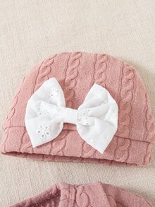 SHEIN 秋冬新生兒蝴蝶結印花可愛嬰兒連身衣 + 帽子 - 藕粉色 - 查看 8