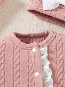 SHEIN 秋冬新生兒蝴蝶結印花可愛嬰兒連身衣 + 帽子 - 藕粉色 - 查看 7