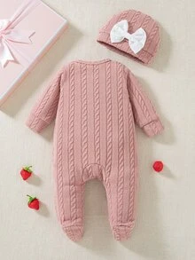 SHEIN 秋冬新生兒蝴蝶結印花可愛嬰兒連身衣 + 帽子 - 藕粉色 - 查看 3