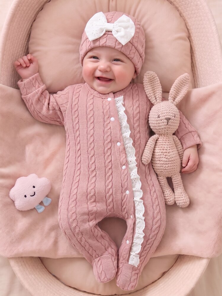 SHEIN Autumn/Winter Newborn Bow Print Cute Baby Romper + Hat - Dusty Pink - View 5