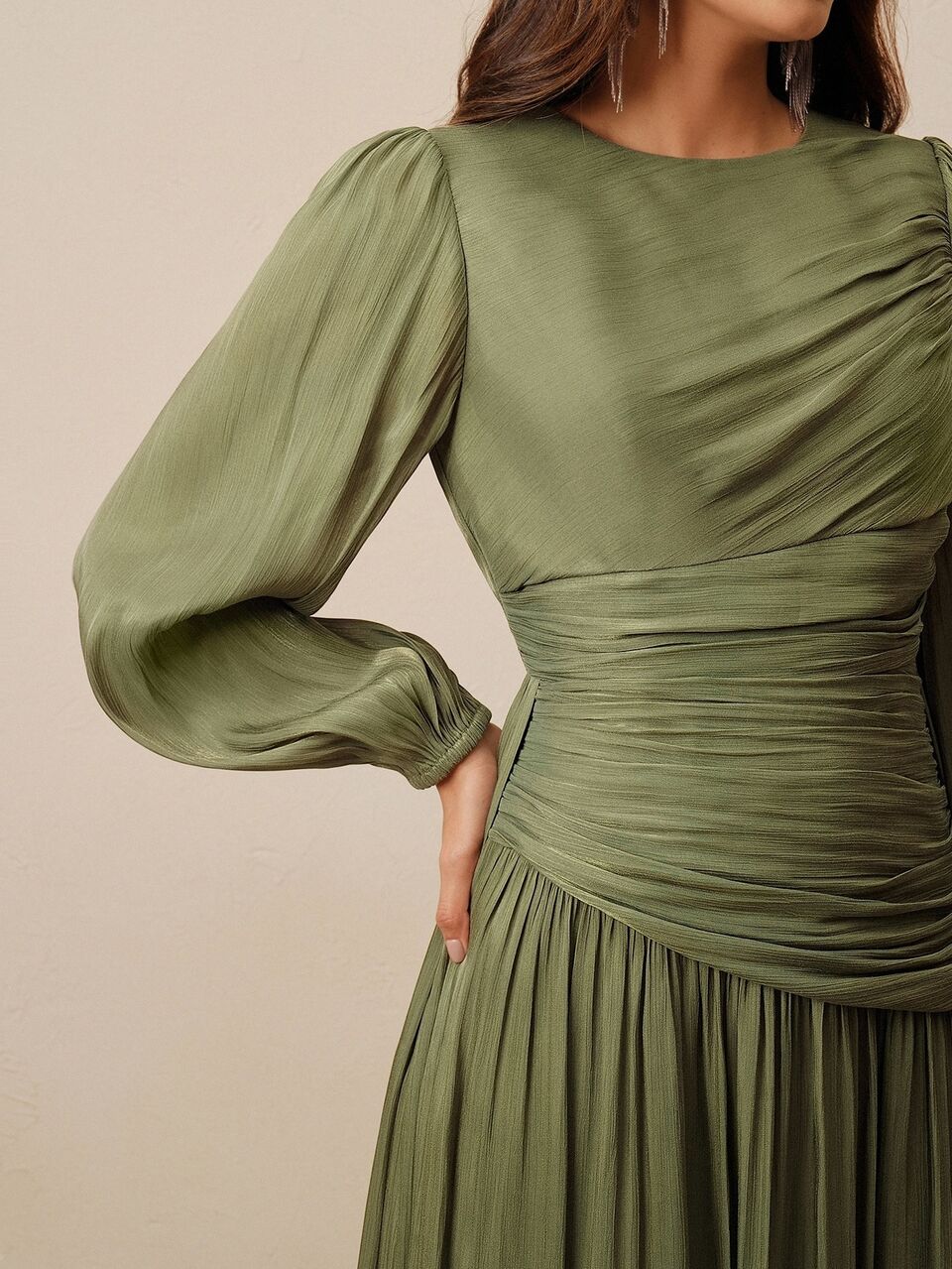 Anewsta Women Sage Green Long Sleeve Pleated Waist Shiny Dress, Elegant And Versatile Day Party Autumn