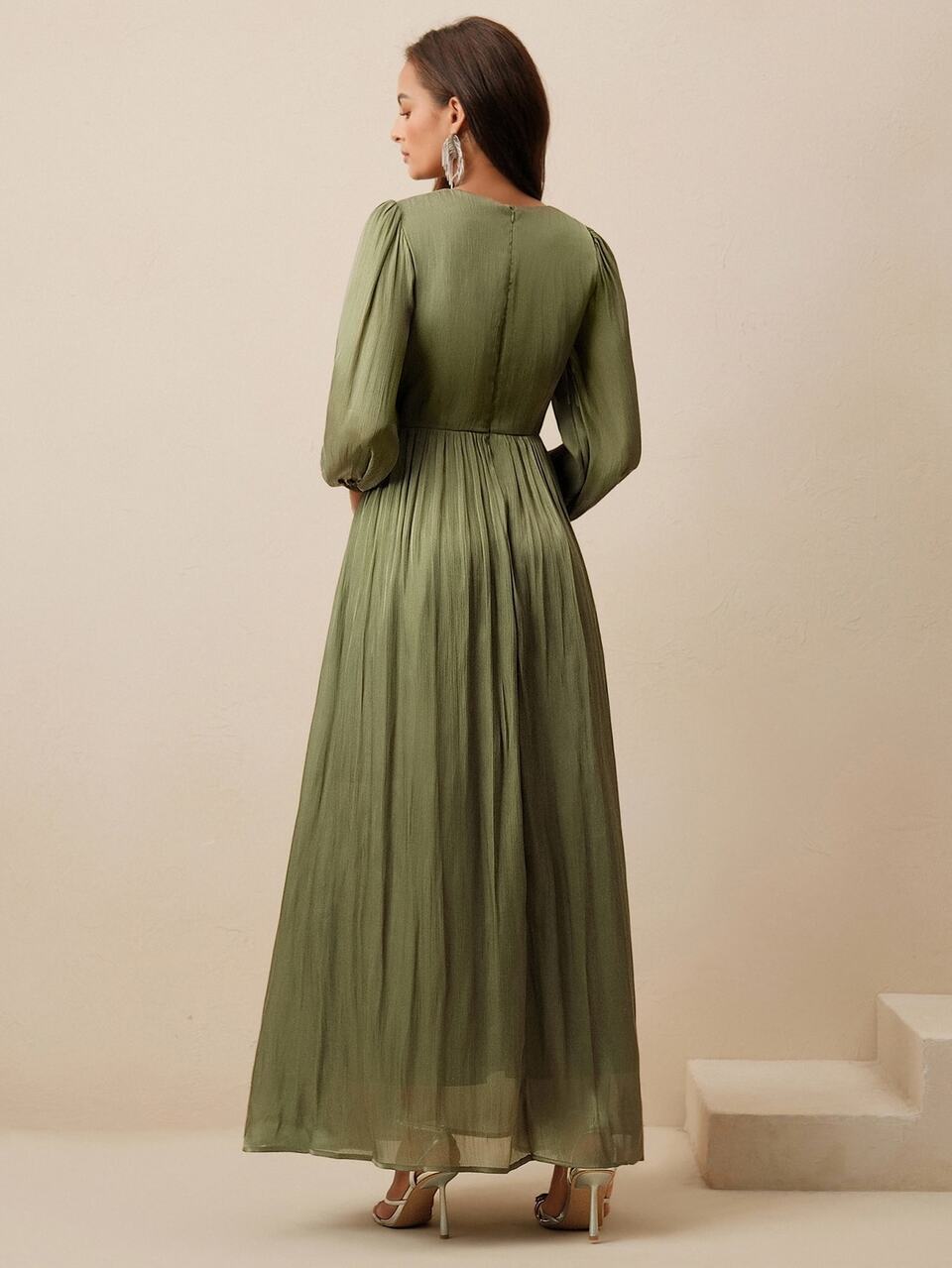 Anewsta Women Sage Green Long Sleeve Pleated Waist Shiny Dress, Elegant And Versatile Day Party Autumn