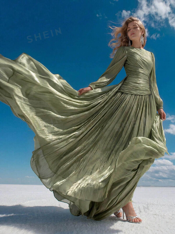 Anewsta Essential Robe longue plissée à la taille, brillante, à manches longues, vert olive. Élégante et polyvalente.