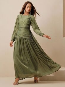 Anewsta Essential 女士橄榄绿色长袖褶皱腰闪亮连衣裙，优雅百搭 - 橄欖綠 - 查看 4