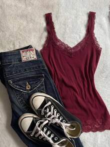 Top de mujer talla grande con patchwork de encaje en unicolor - Burdeos - Ver 3