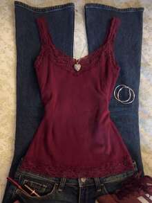 Top de mujer talla grande con patchwork de encaje en unicolor - Burdeos - Ver 1